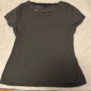 Elegant Gray Beaded Collar Bow Top